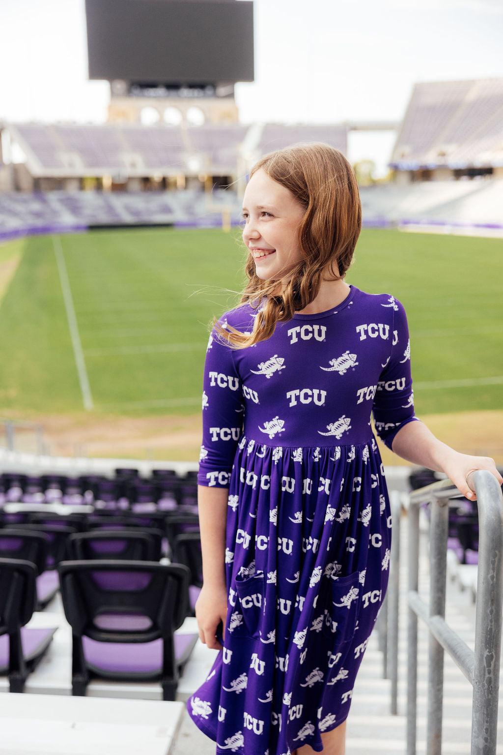 TCU Purple Frog 3/4 Sleeve Pocket Twirl Dress by Mila & Rose ®