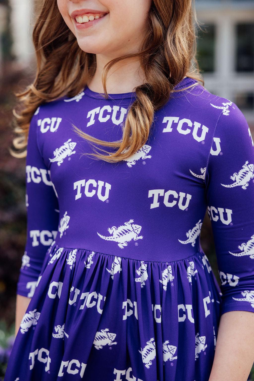 TCU Purple Frog 3/4 Sleeve Pocket Twirl Dress by Mila & Rose ®