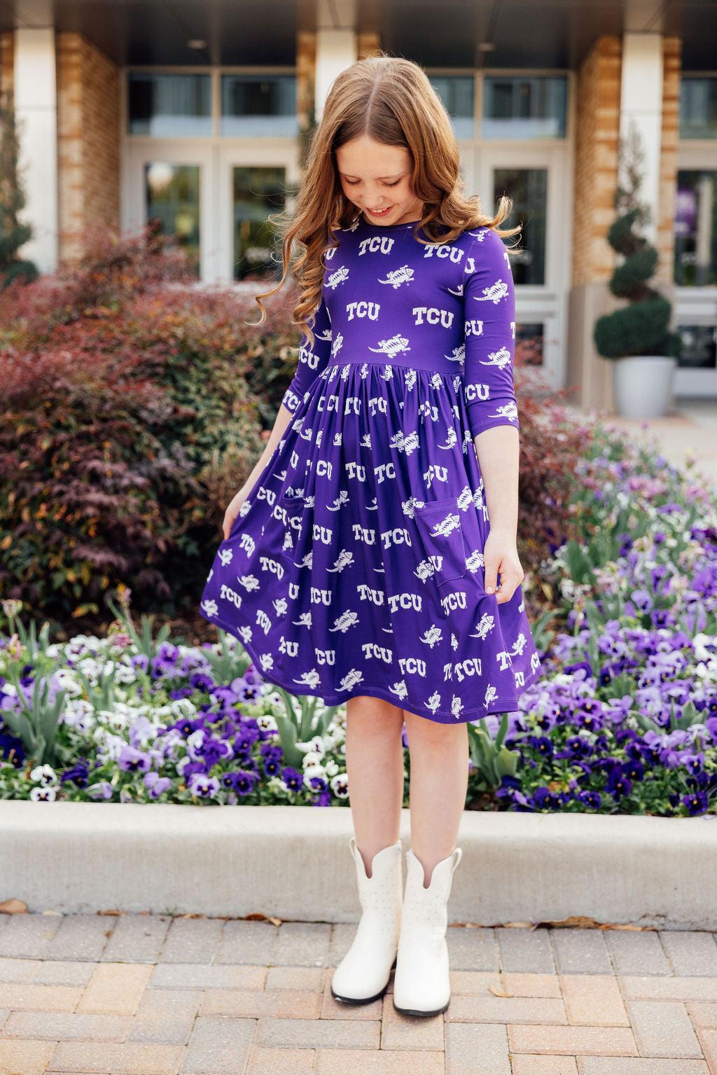 TCU Purple Frog 3/4 Sleeve Pocket Twirl Dress by Mila & Rose ®
