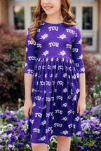 TCU Purple Frog 3/4 Sleeve Pocket Twirl Dress by Mila & Rose ®