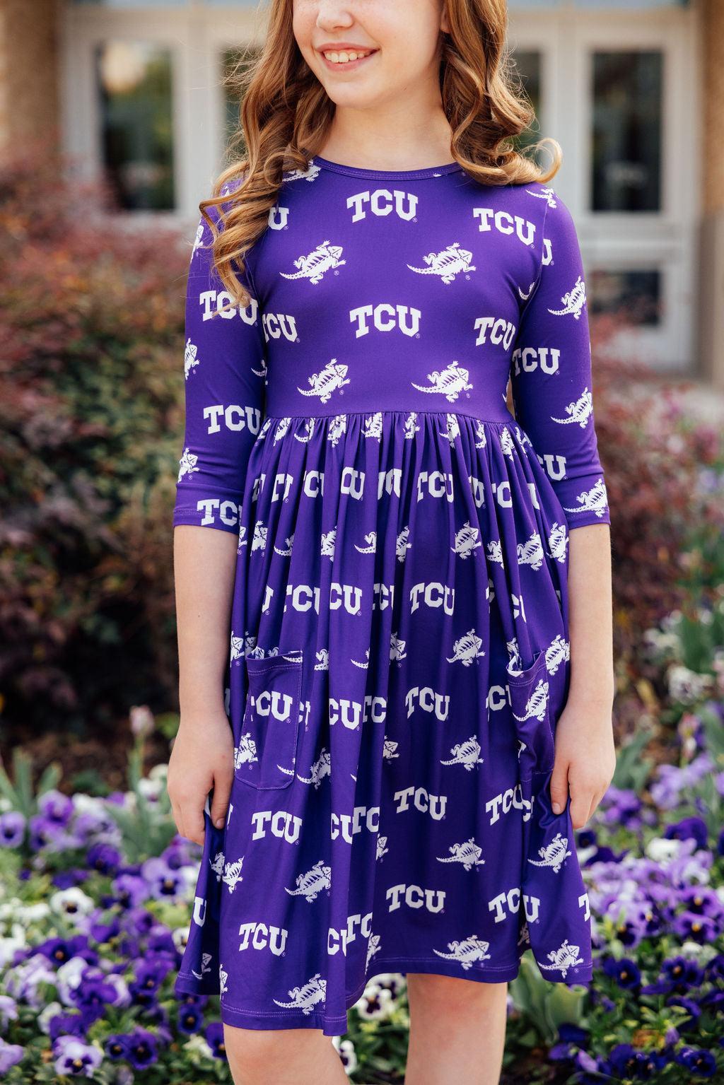 TCU Purple Frog 3/4 Sleeve Pocket Twirl Dress by Mila & Rose ®