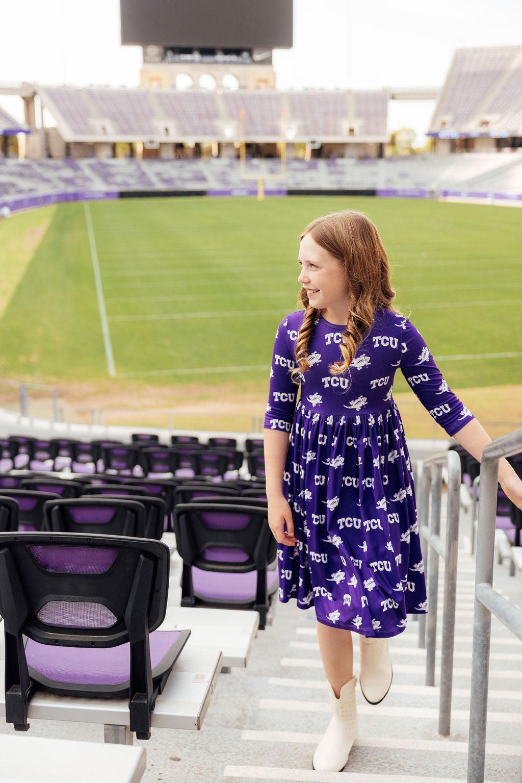 TCU Purple Frog 3/4 Sleeve Pocket Twirl Dress by Mila & Rose ®