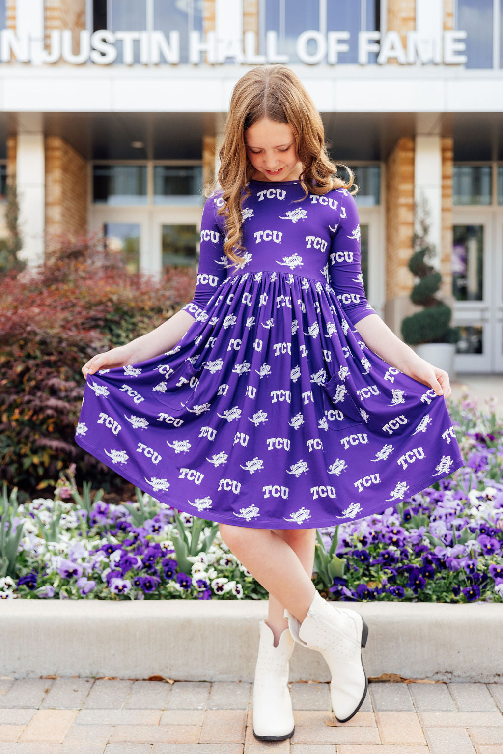 TCU Purple Frog 3/4 Sleeve Pocket Twirl Dress by Mila & Rose ®