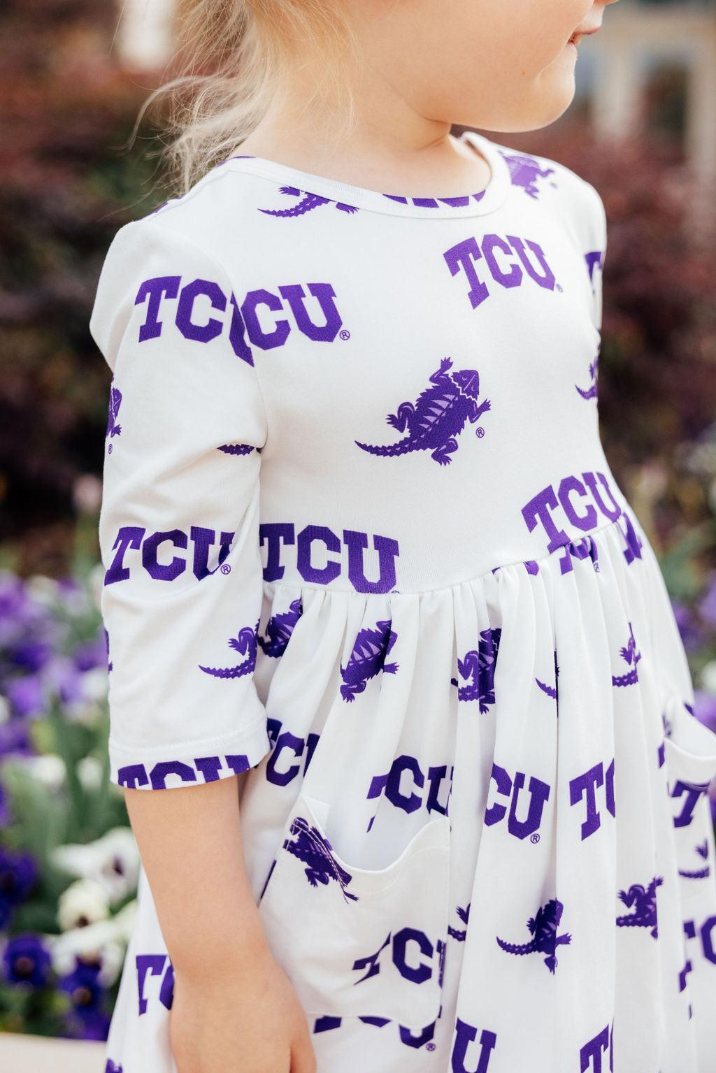 TCU White Frog 3/4 Sleeve Pocket Twirl Dress by Mila & Rose ®