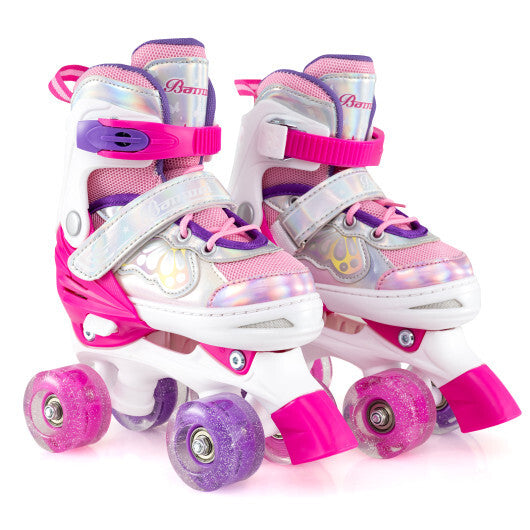 Kids Roller Skates 4 Sizes Adjustable Quad Skates with Light-up Wheels and Safety Protection-Rose Red by LuxuryLifeWay Online Store