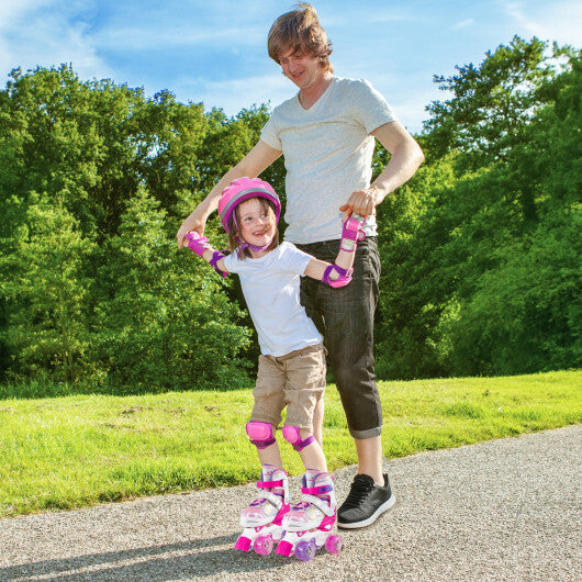 Kids Roller Skates 4 Sizes Adjustable Quad Skates with Light-up Wheels and Safety Protection-Rose Red by LuxuryLifeWay Online Store
