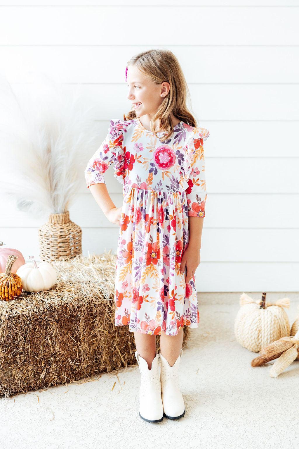 Tangerine Leaves 3/4 Sleeve Ruffle Twirl Dress by Mila & Rose ®