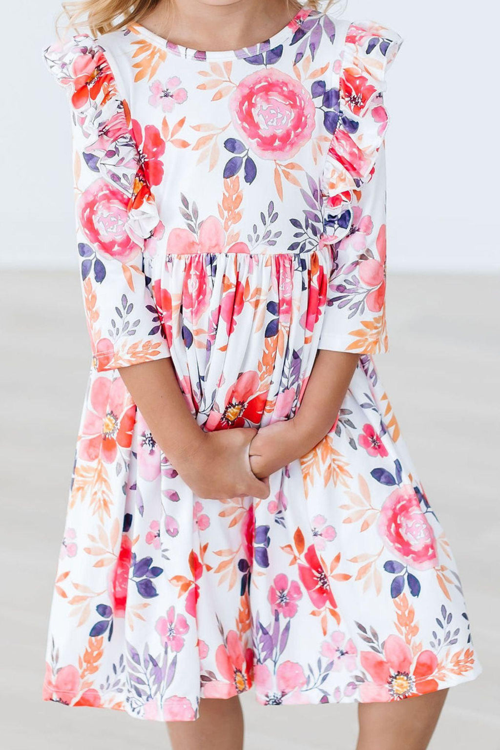Tangerine Leaves 3/4 Sleeve Ruffle Twirl Dress by Mila & Rose ®