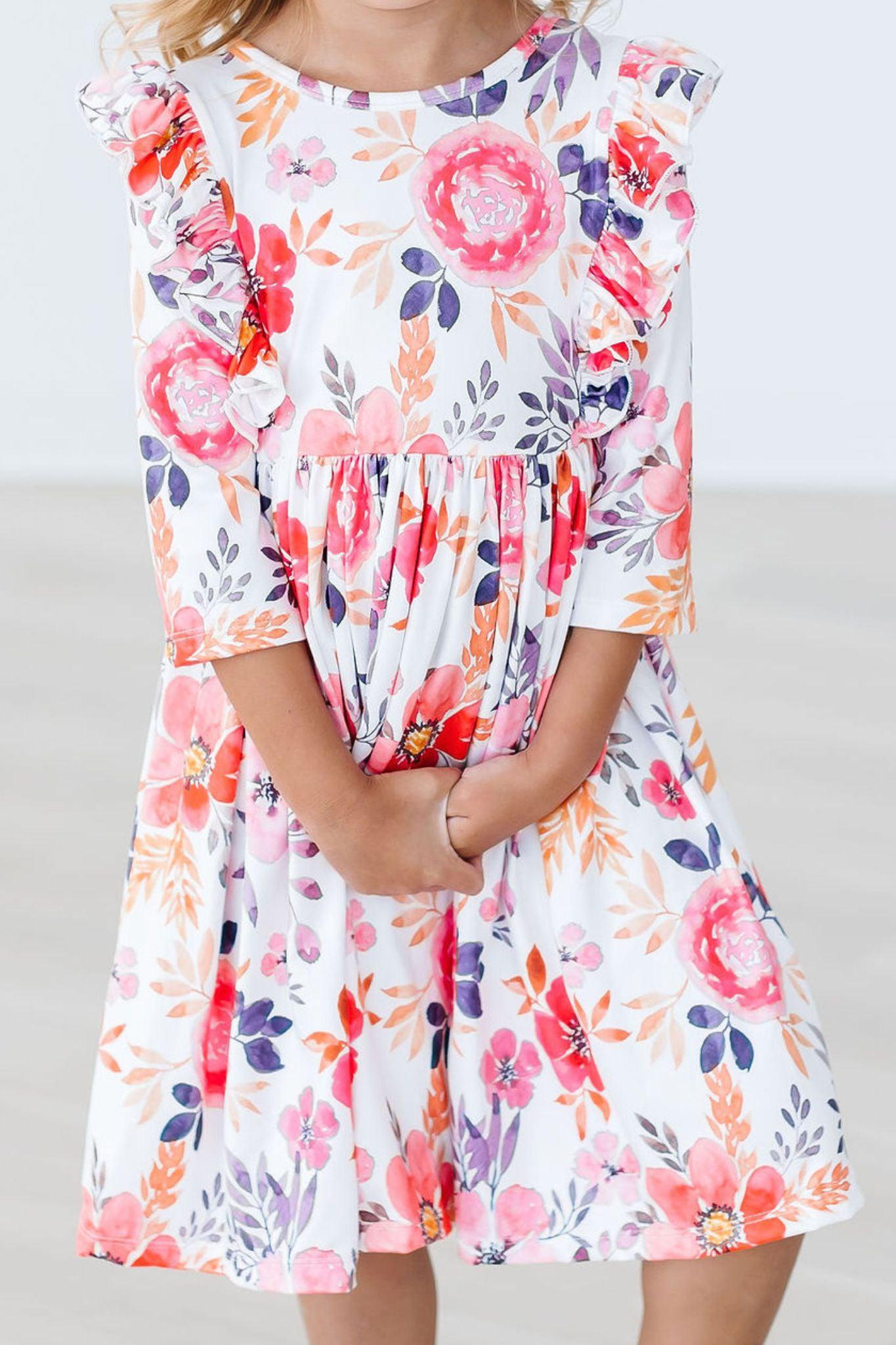 Tangerine Leaves 3/4 Sleeve Ruffle Twirl Dress by Mila & Rose ®