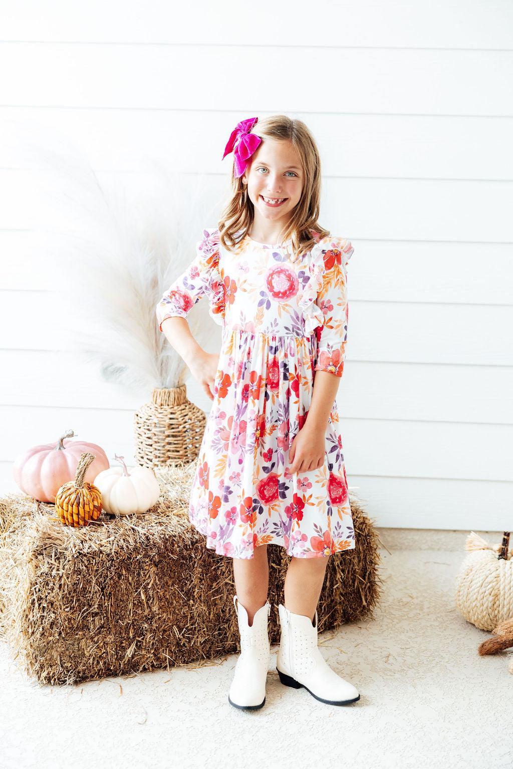 Tangerine Leaves 3/4 Sleeve Ruffle Twirl Dress by Mila & Rose ®