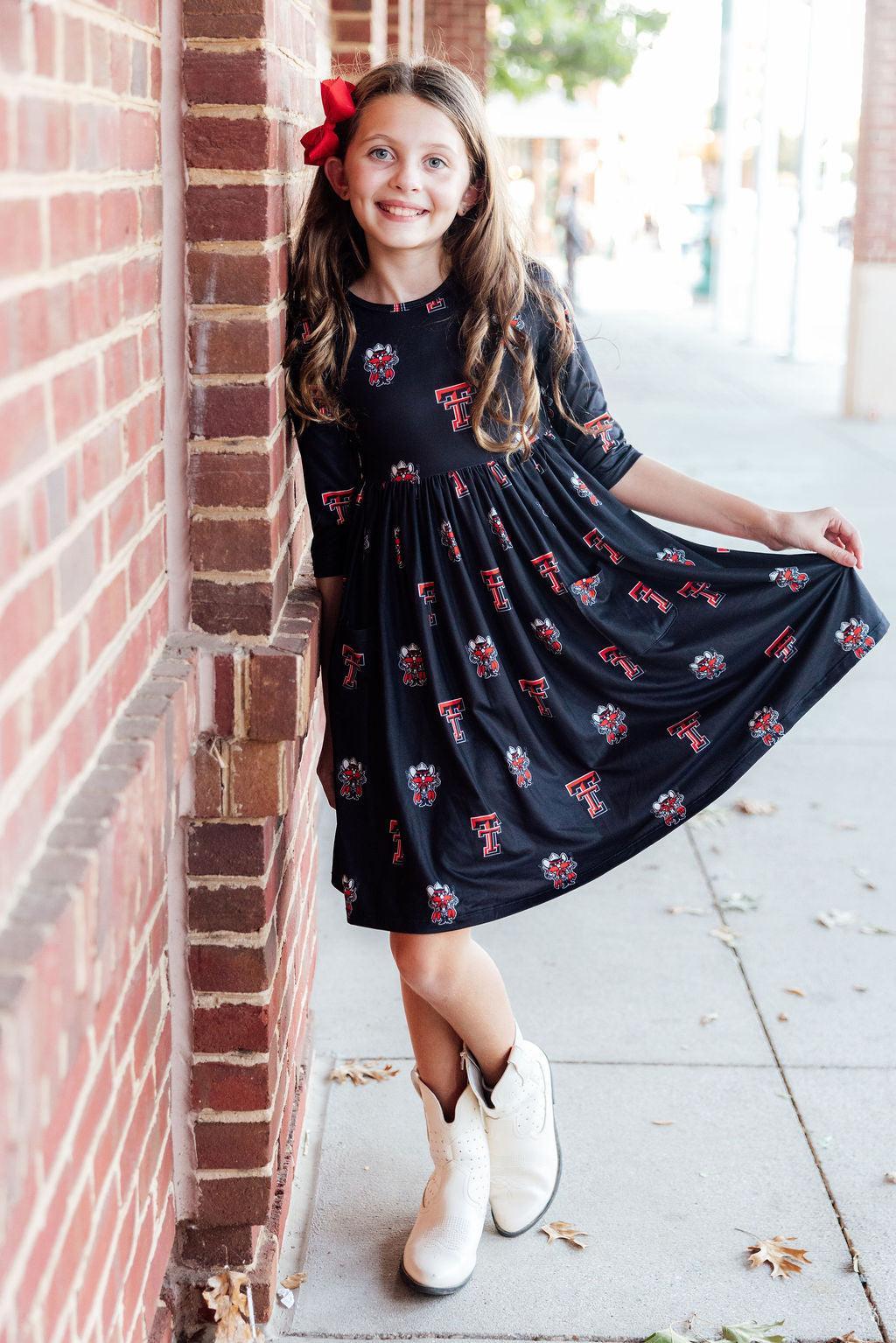 Texas Tech Black Raider Red 3/4 Sleeve Pocket Twirl Dress by Mila & Rose ®