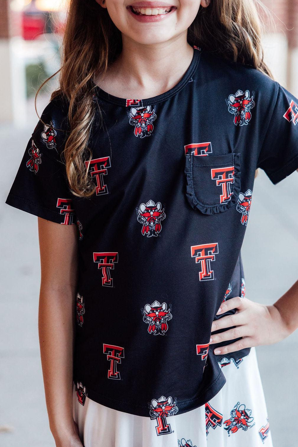 Texas Tech Black Raider Red Ruffle Pocket Tee by Mila & Rose ®