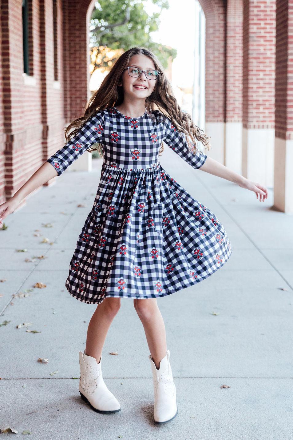 Texas Tech Plaid Raider Red 3/4 Sleeve Pocket Twirl Dress by Mila & Rose ®