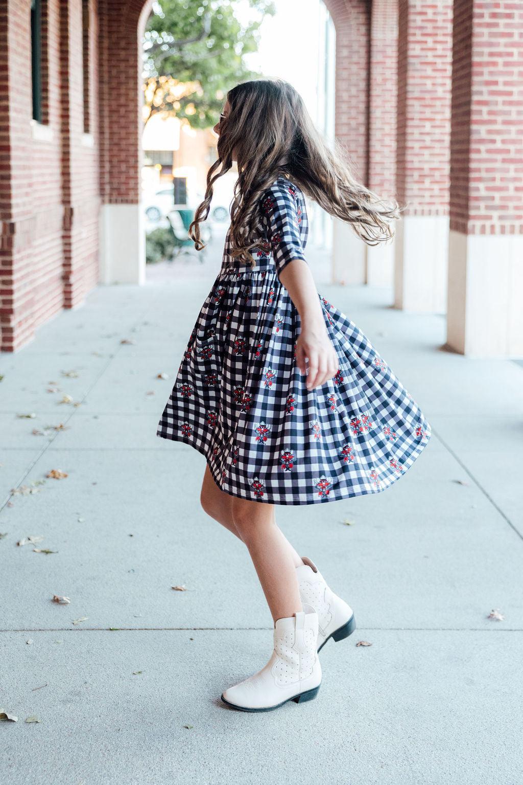 Texas Tech Plaid Raider Red 3/4 Sleeve Pocket Twirl Dress by Mila & Rose ®