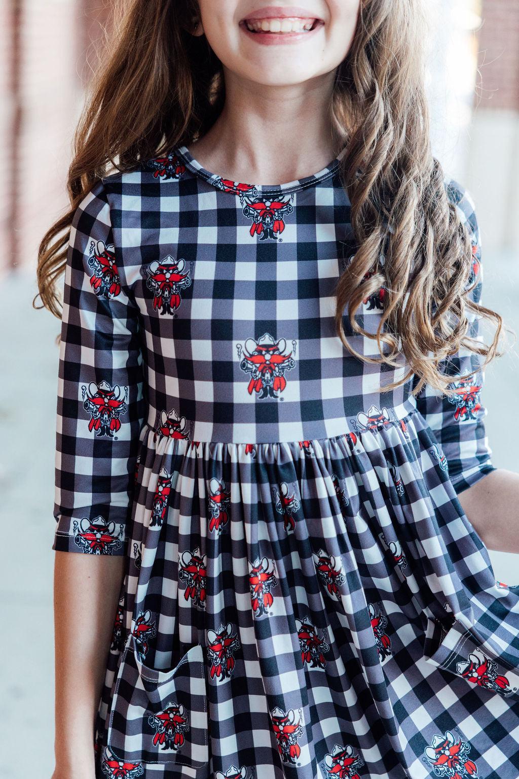 Texas Tech Plaid Raider Red 3/4 Sleeve Pocket Twirl Dress by Mila & Rose ®