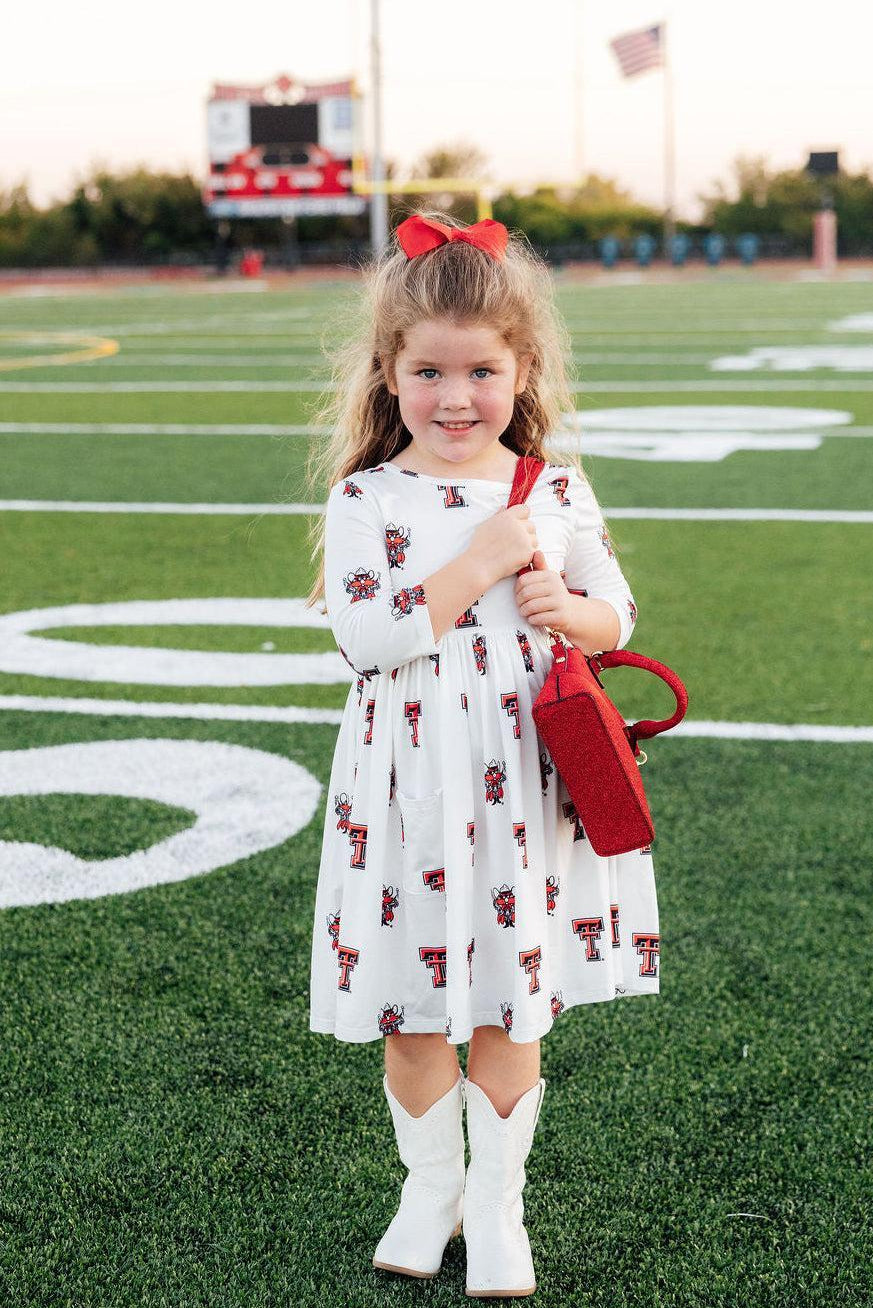 Texas Tech White Raider Red 3/4 Sleeve Pocket Twirl Dress by Mila & Rose ®