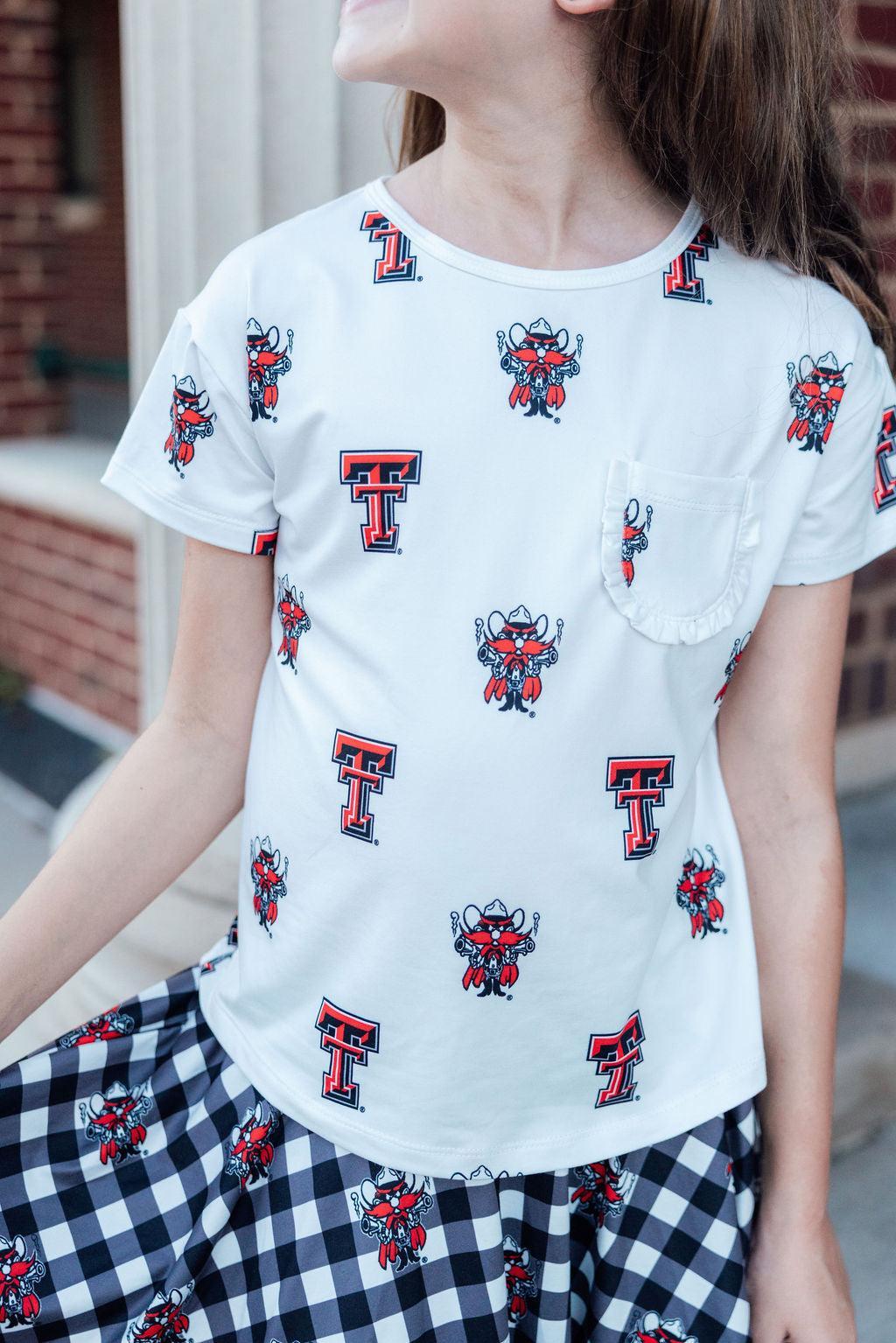 Texas Tech White Raider Red Ruffle Pocket Tee by Mila & Rose ®