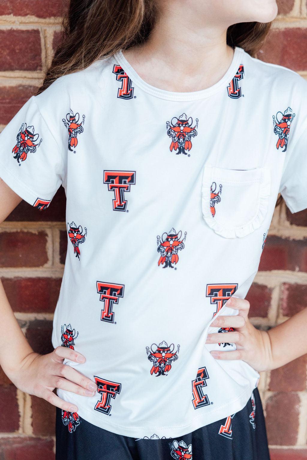 Texas Tech White Raider Red Ruffle Pocket Tee by Mila & Rose ®