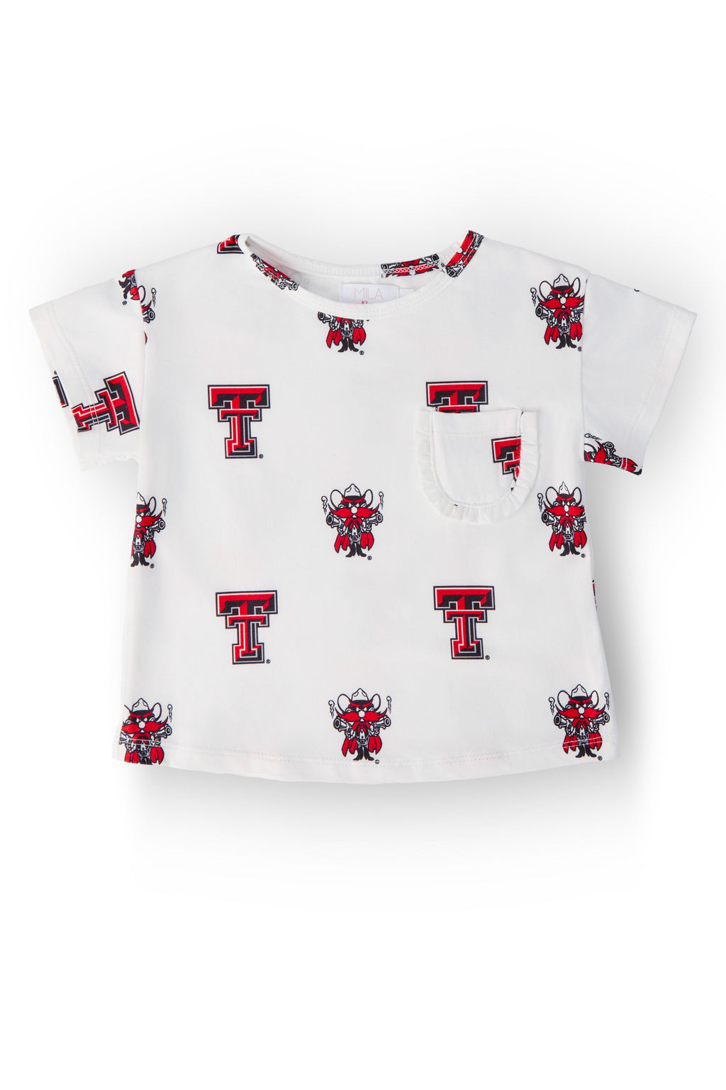 Texas Tech White Raider Red Ruffle Pocket Tee by Mila & Rose ®