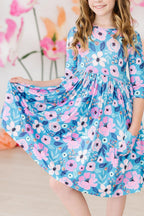 Twirling in Teal 3/4 Sleeve Pocket Twirl Dress by Mila & Rose ®