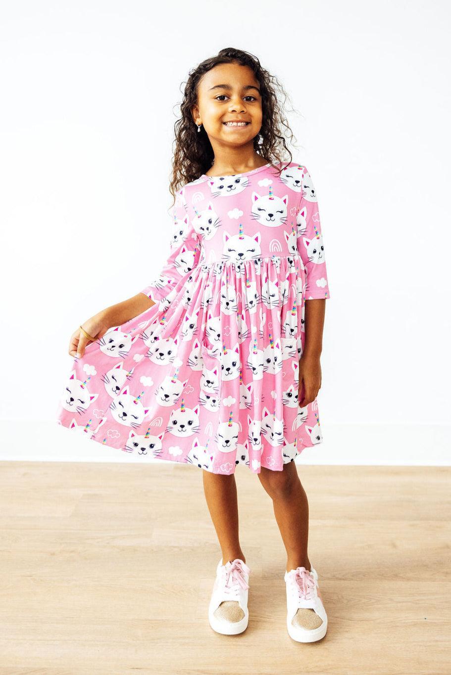 Unicorn Kitties 3/4 Sleeve Pocket Twirl Dress by Mila & Rose ®