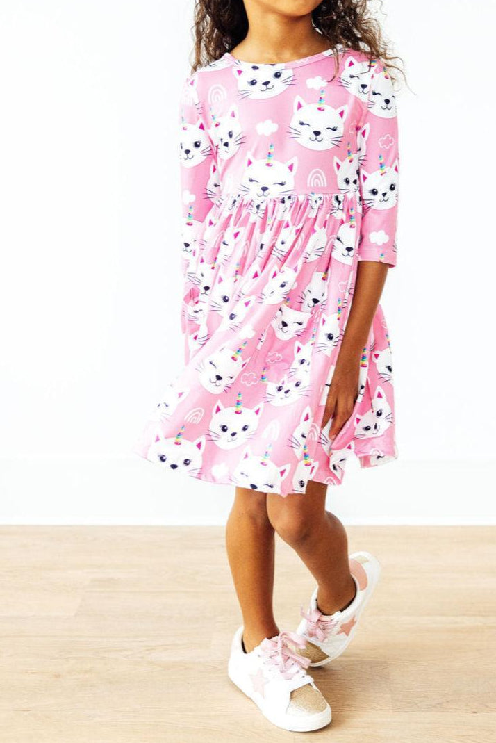 Unicorn Kitties 3/4 Sleeve Pocket Twirl Dress by Mila & Rose ®