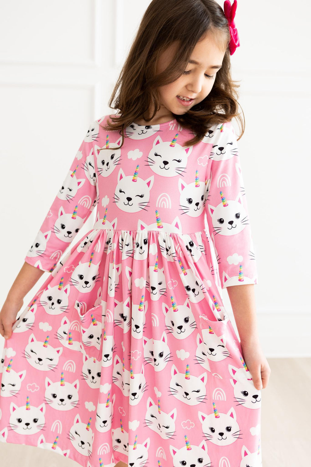 Unicorn Kitties 3/4 Sleeve Pocket Twirl Dress by Mila & Rose ®