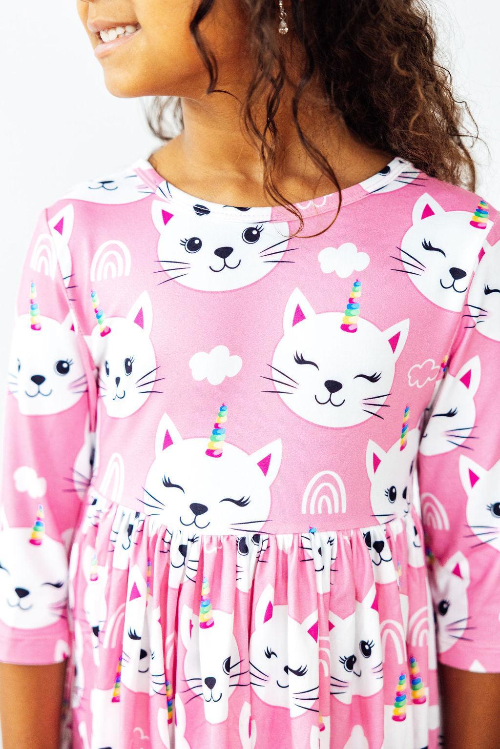 Unicorn Kitties 3/4 Sleeve Pocket Twirl Dress by Mila & Rose ®