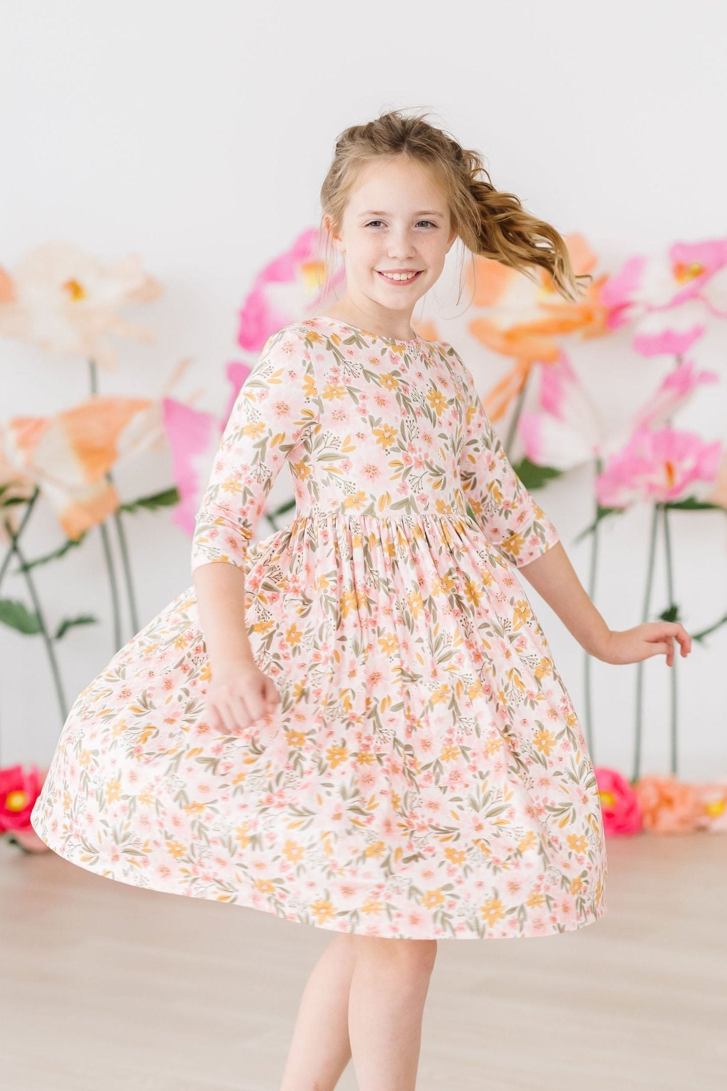 Pretty Peachy 3/4 Sleeve Pocket Twirl Dress by Mila & Rose ®