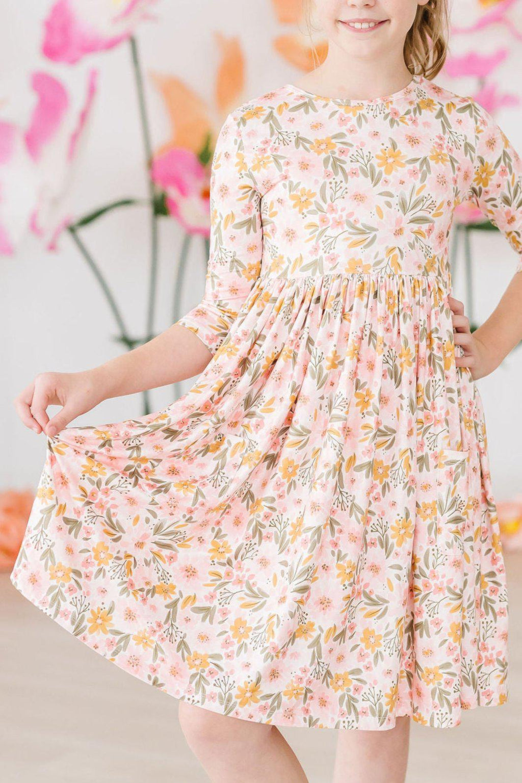 Pretty Peachy 3/4 Sleeve Pocket Twirl Dress by Mila & Rose ®