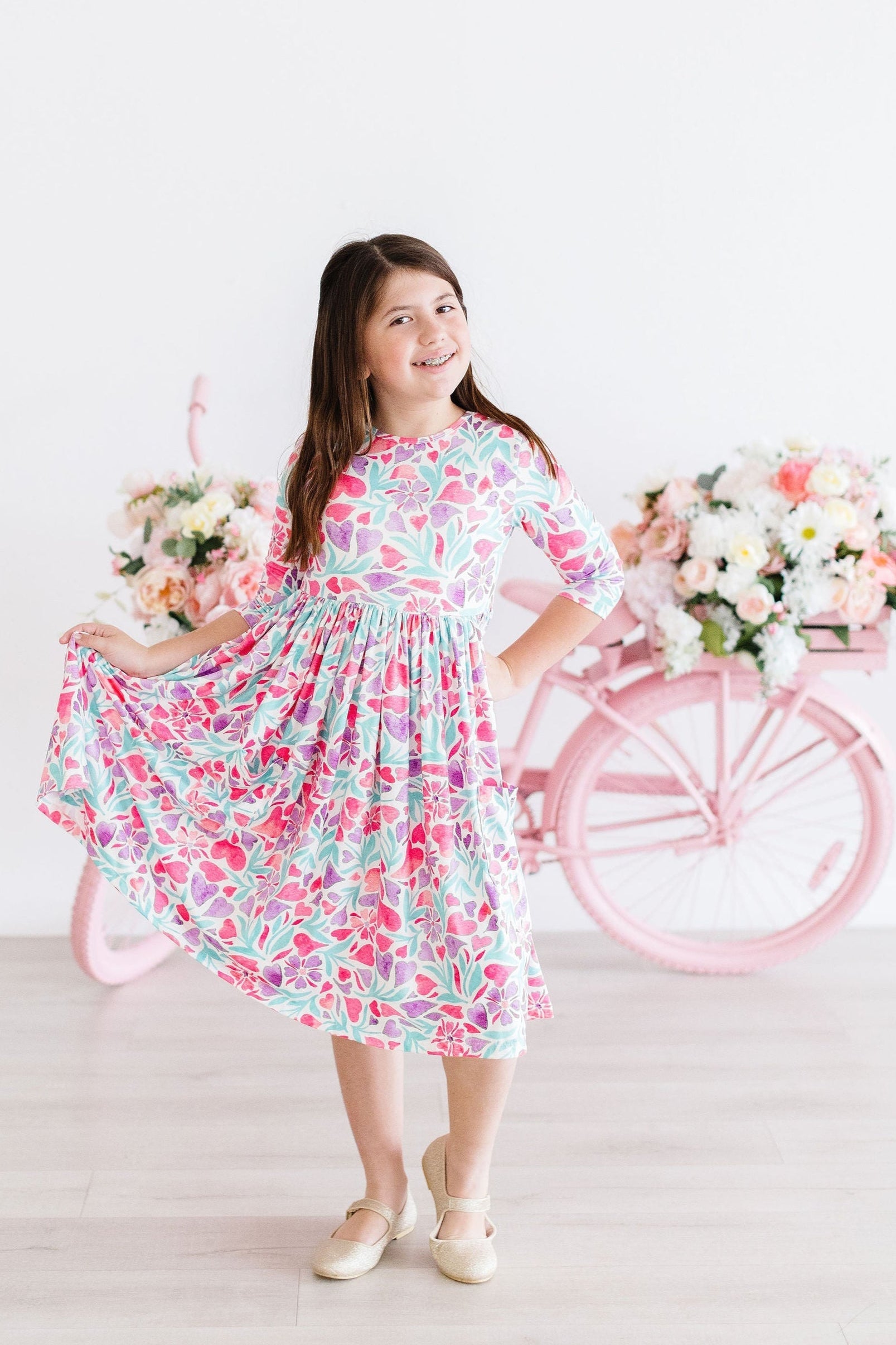 Watercolor Hearts 3/4 Sleeve Pocket Twirl Dress by Mila & Rose ®