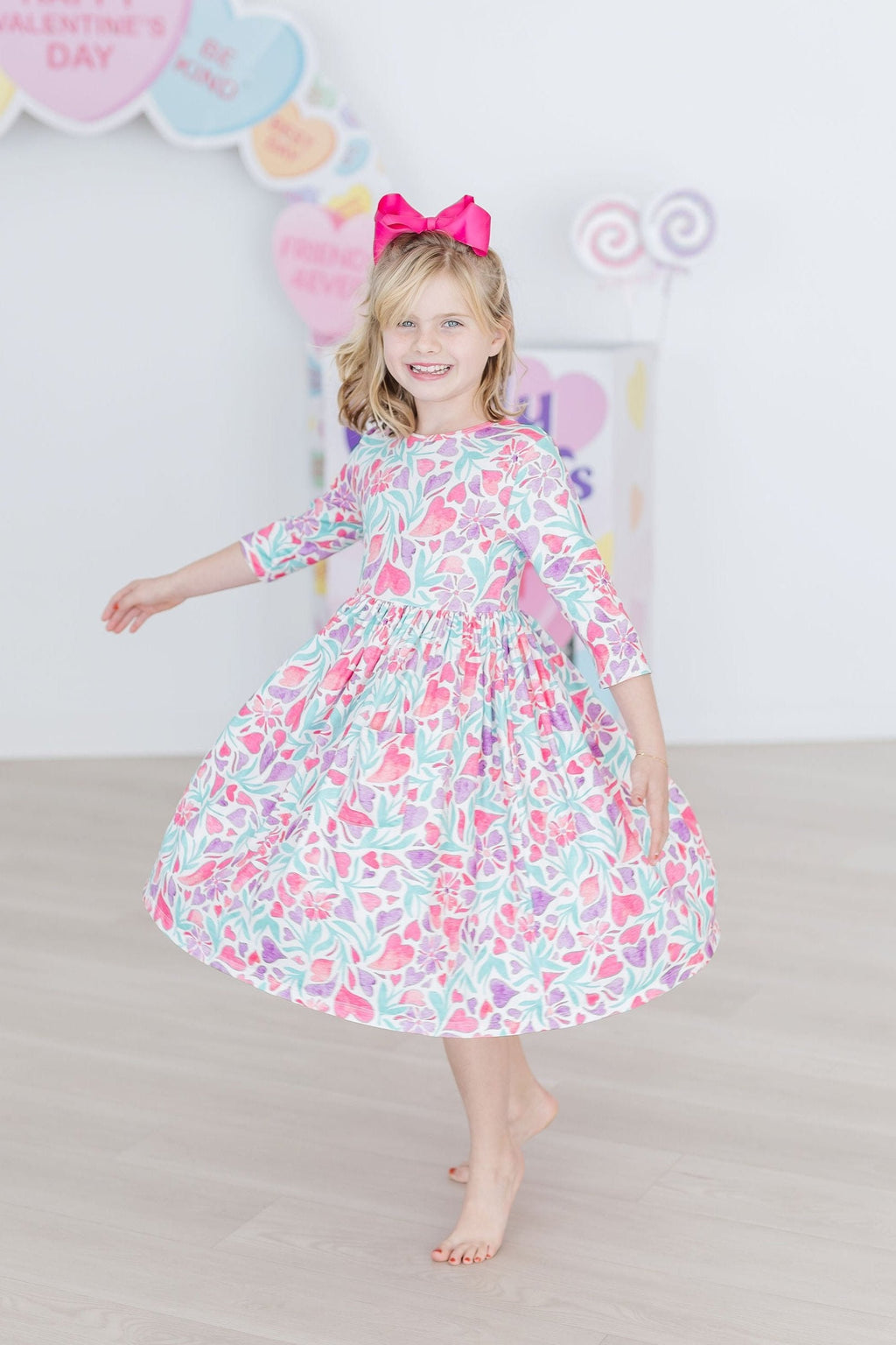 Watercolor Hearts 3/4 Sleeve Pocket Twirl Dress by Mila & Rose ®