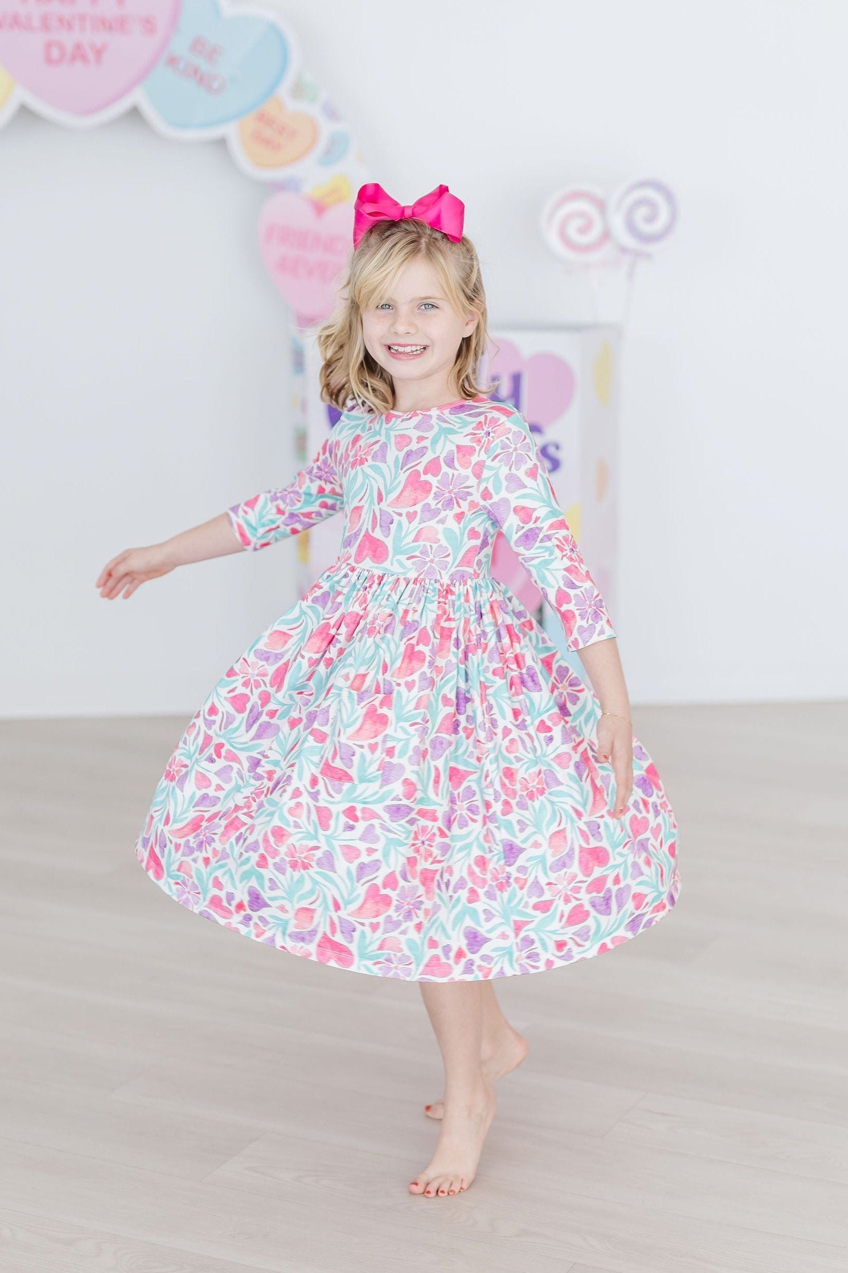 Watercolor Hearts 3/4 Sleeve Pocket Twirl Dress by Mila & Rose ®