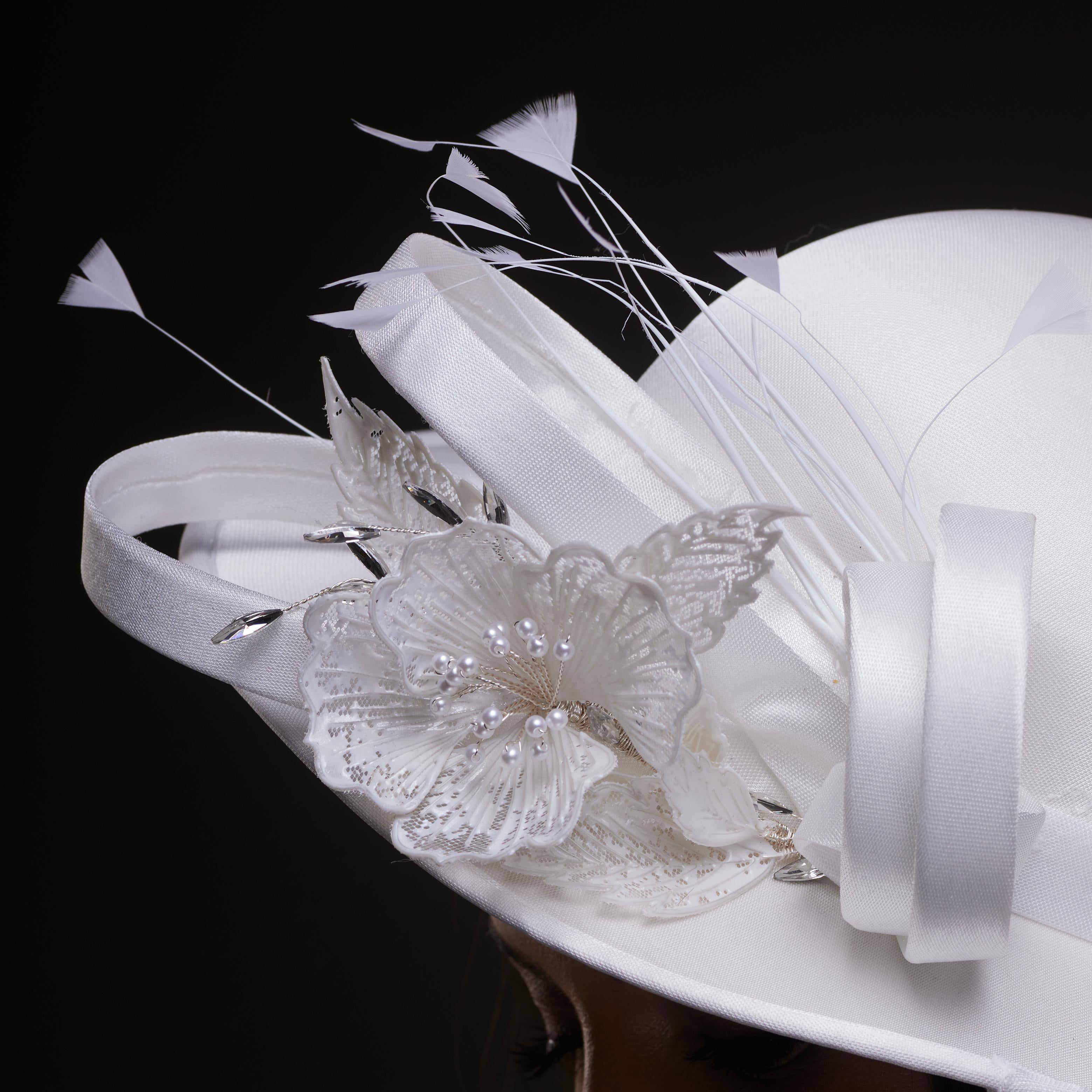 White Bridal Hat with Flower and Ribbon by Bridal Port