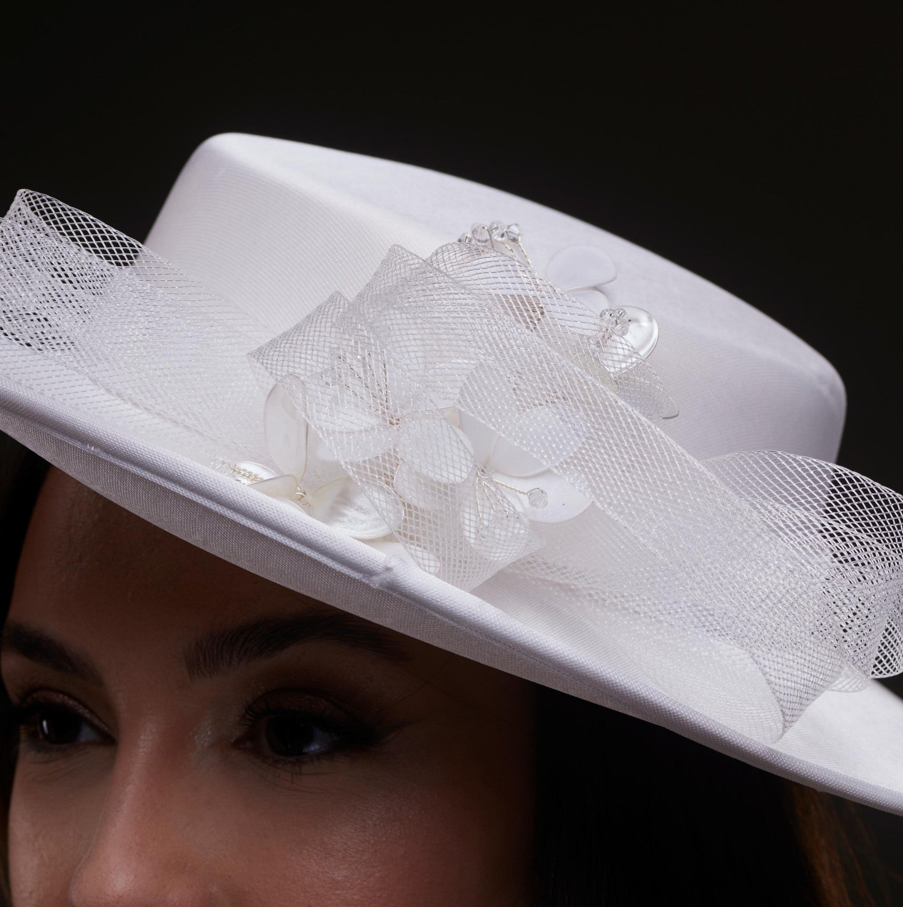 White Bridal Hat with Pearls and Flowers by Bridal Port