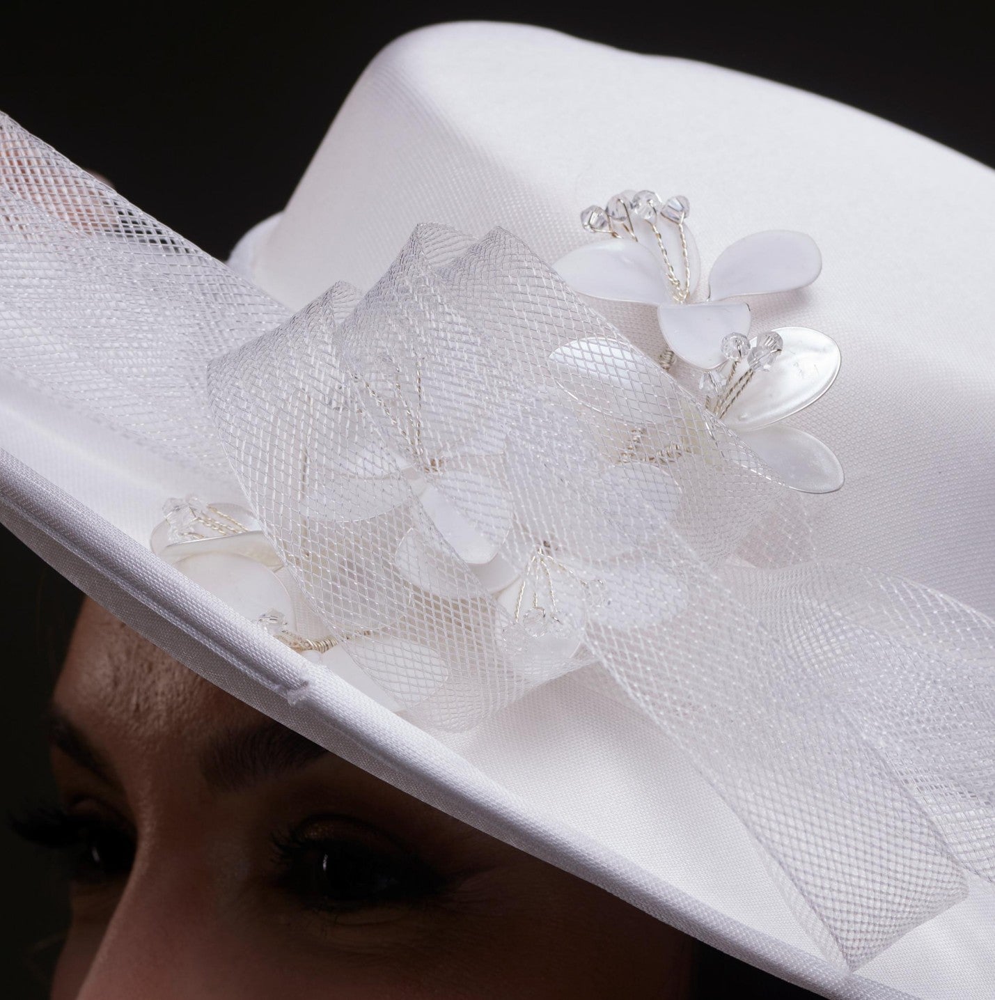 White Bridal Hat with Pearls and Flowers by Bridal Port