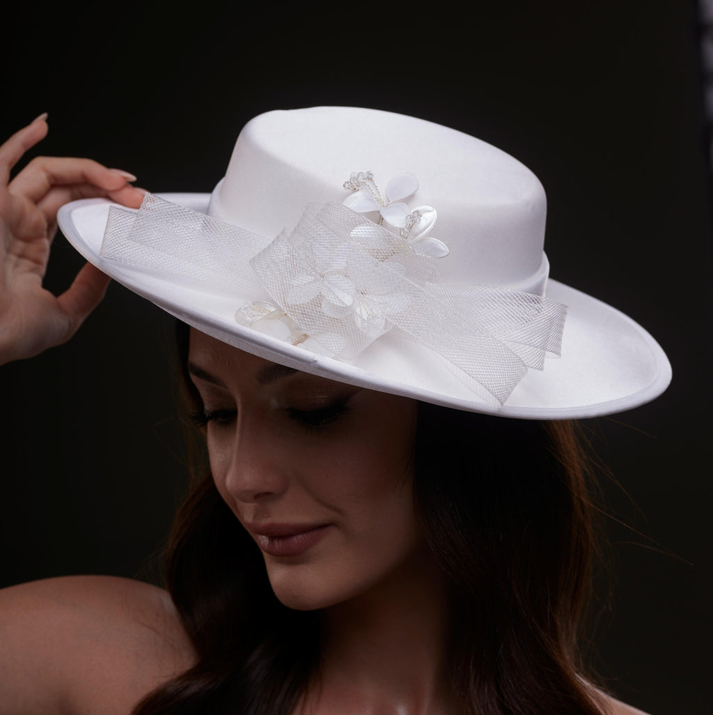 White Bridal Hat with Pearls and Flowers by Bridal Port