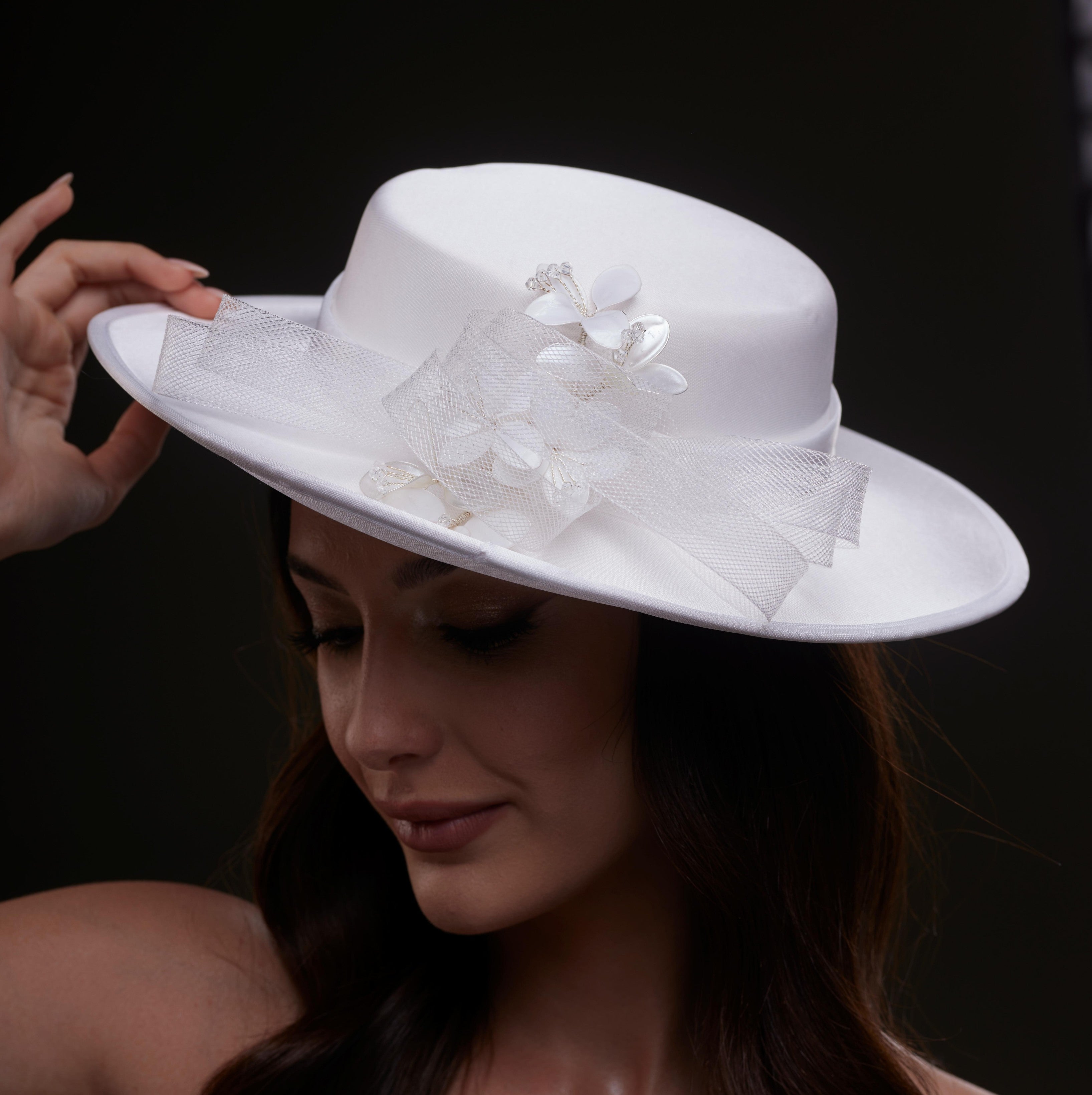 White Bridal Hat with Pearls and Flowers by Bridal Port