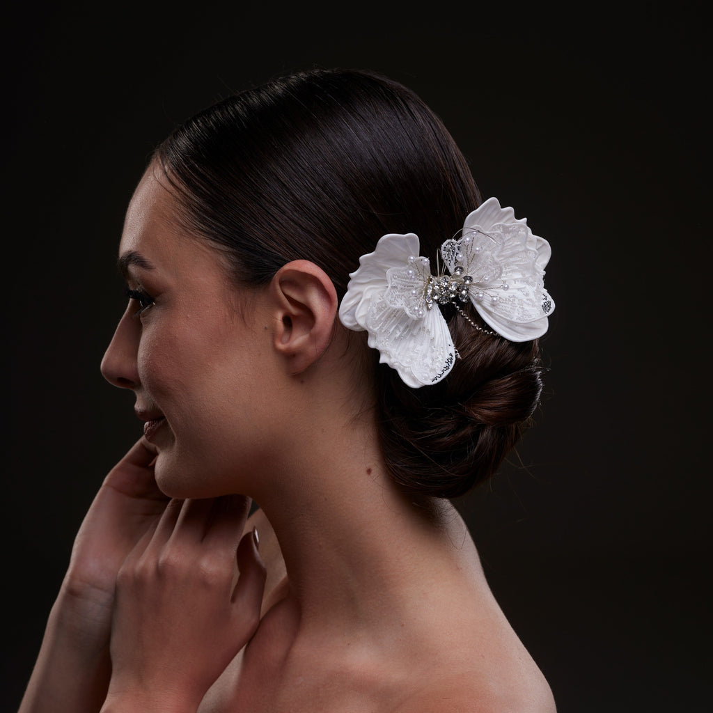 White Butterfly Flower Hair Comb by Bridal Port