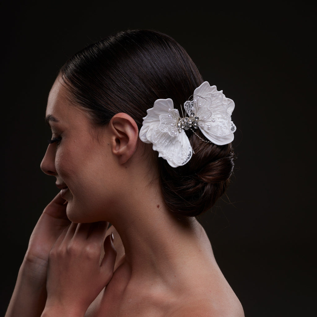 White Butterfly Flower Hair Comb by Bridal Port