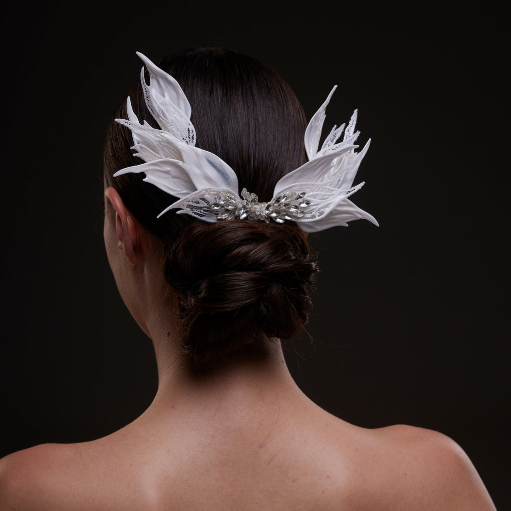 White Feather Petal Bridal Hair Comb by Bridal Port