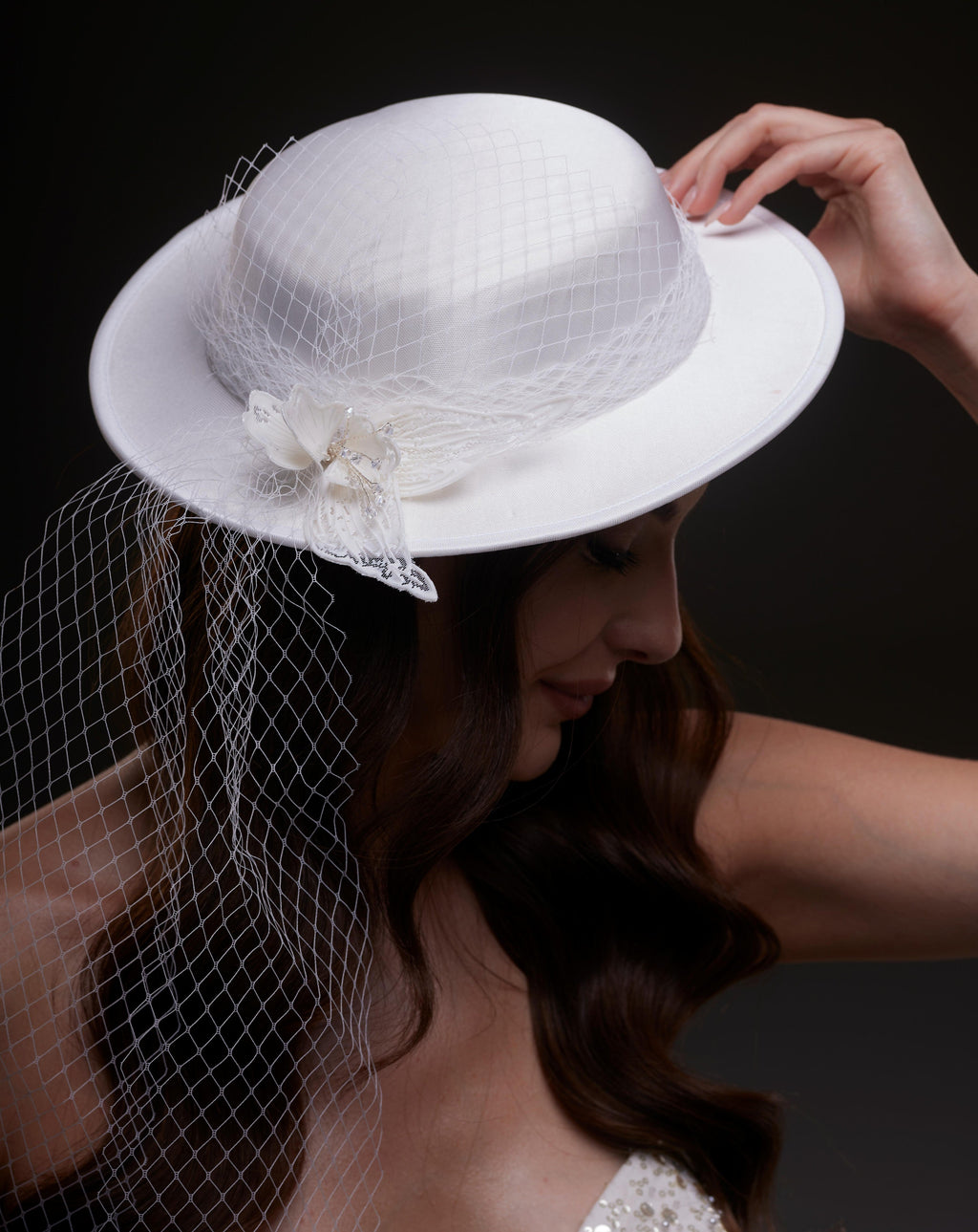 White Satin Hat with Flower and Veil Netting by Bridal Port