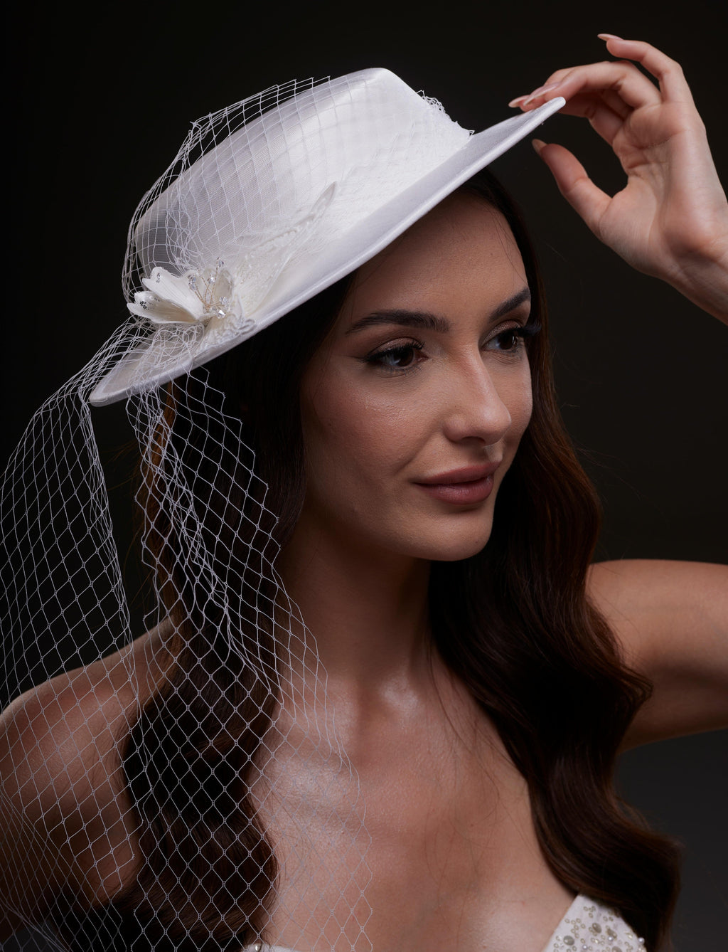 White Satin Hat with Flower and Veil Netting by Bridal Port