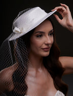 White Satin Hat with Flower and Veil Netting by Bridal Port