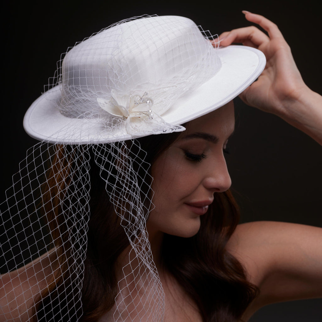 White Satin Hat with Flower and Veil Netting by Bridal Port