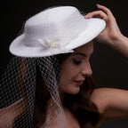White Satin Hat with Flower and Veil Netting by Bridal Port