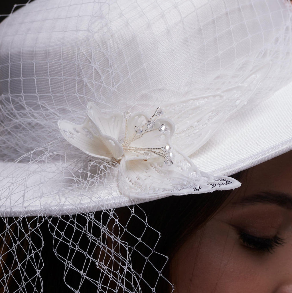 White Satin Hat with Flower and Veil Netting by Bridal Port