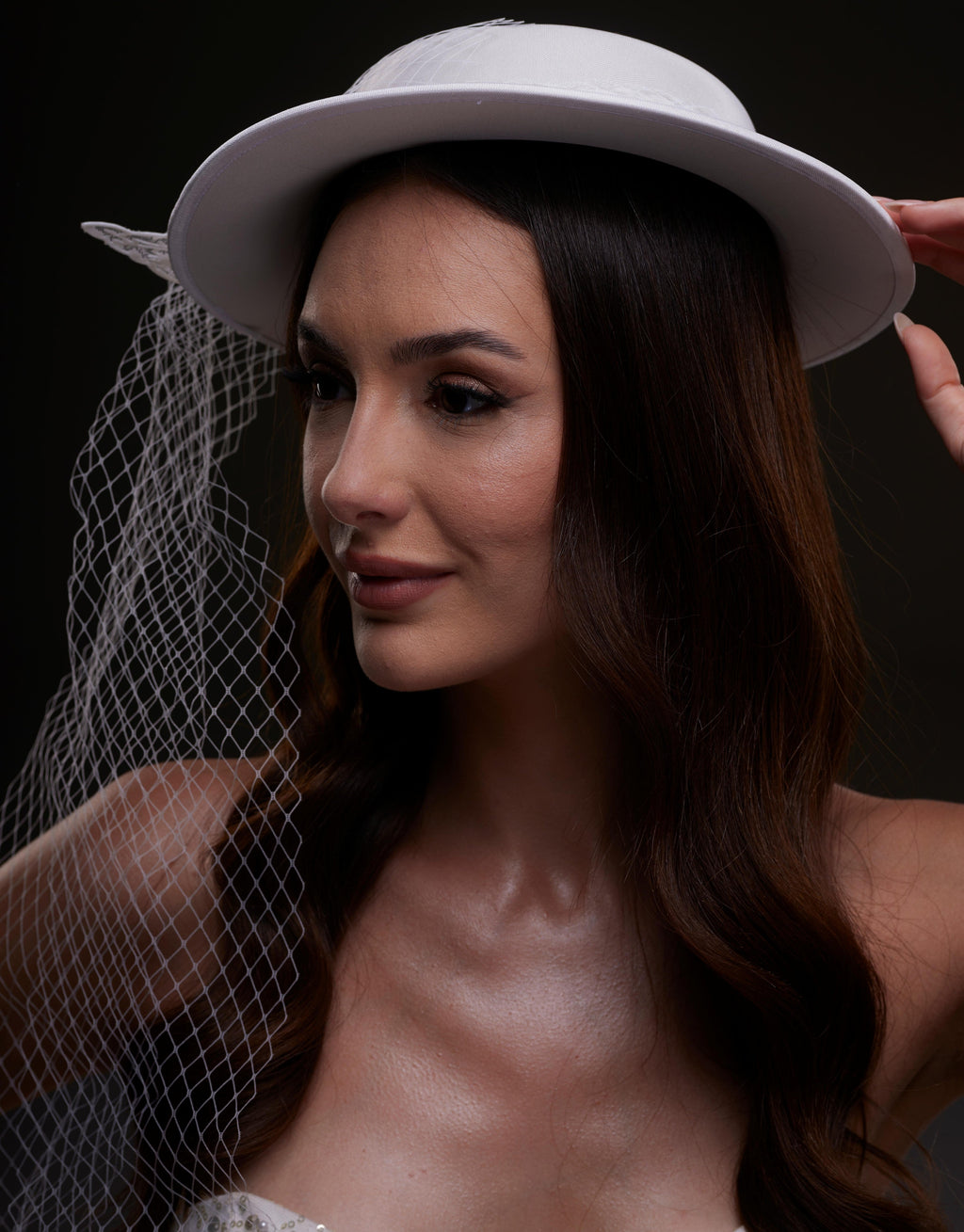 White Satin Hat with Flower and Veil Netting by Bridal Port