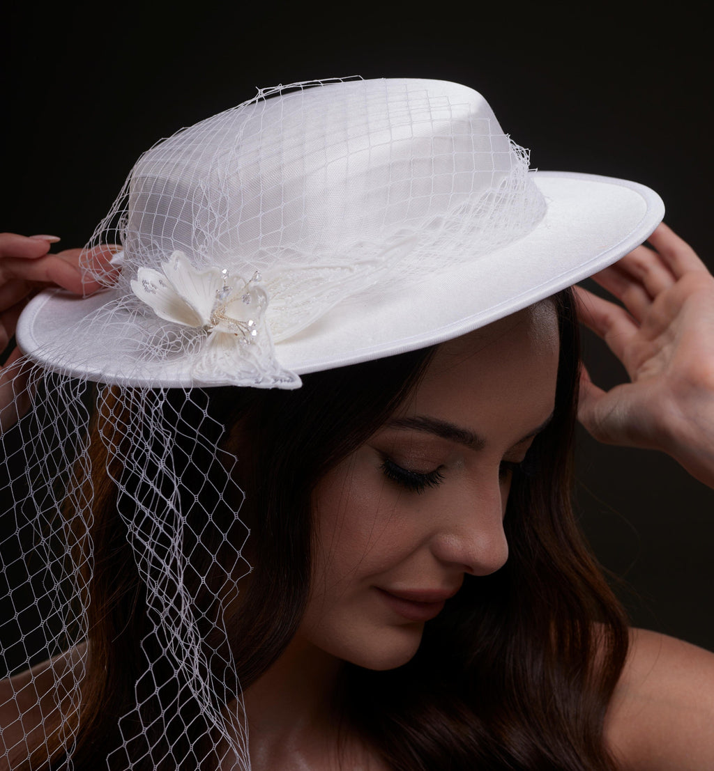 White Satin Hat with Flower and Veil Netting by Bridal Port