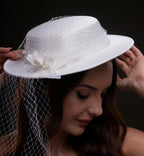 White Satin Hat with Flower and Veil Netting by Bridal Port